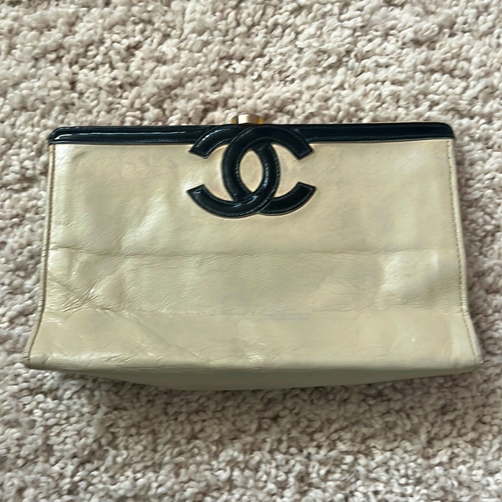 Vintage Chanel Black Patent Off White Clutch Purse with gold chain